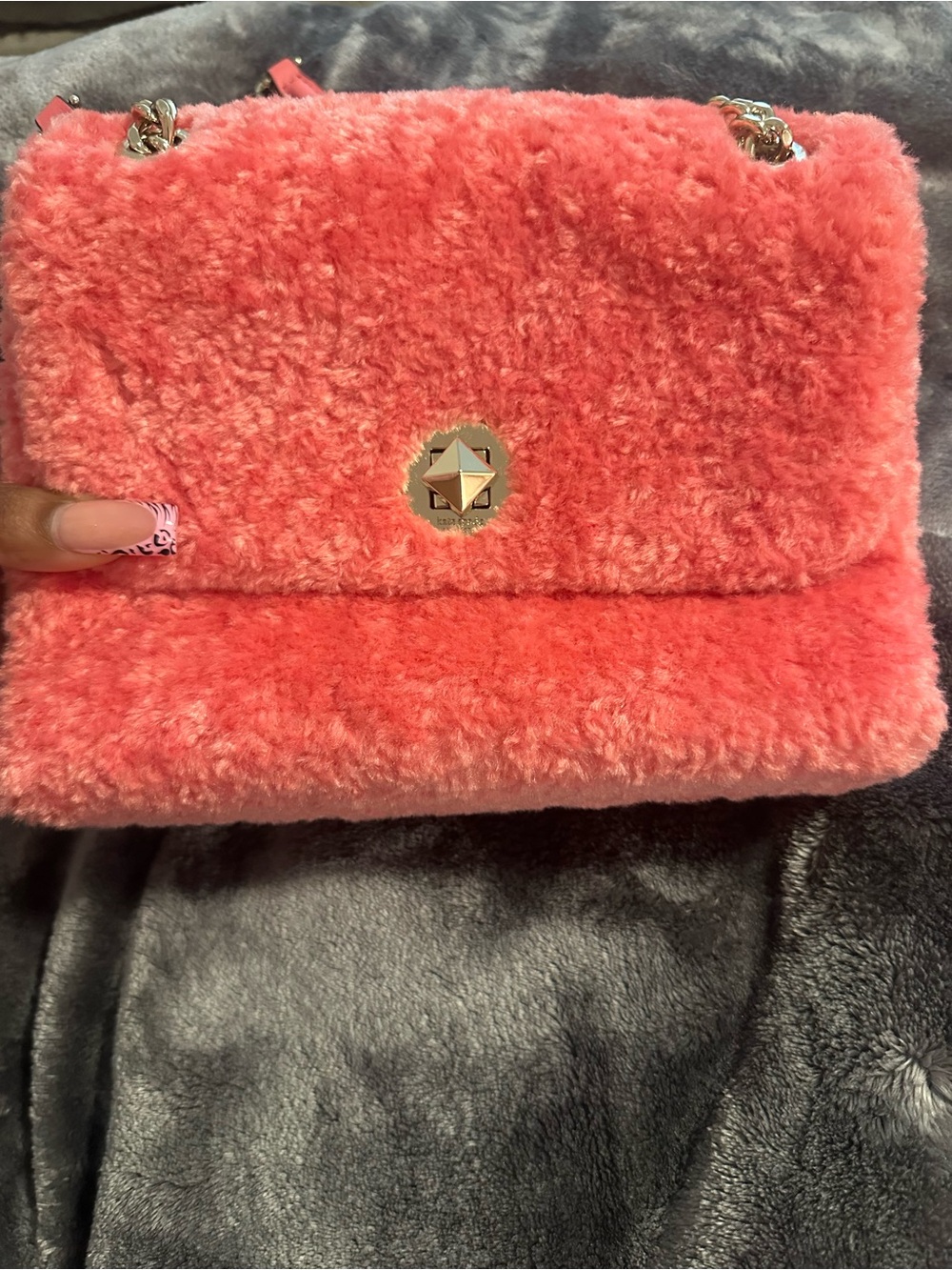 Kate Spade Plush Pink Faux Fur Shoulder Bag with Chain Strap